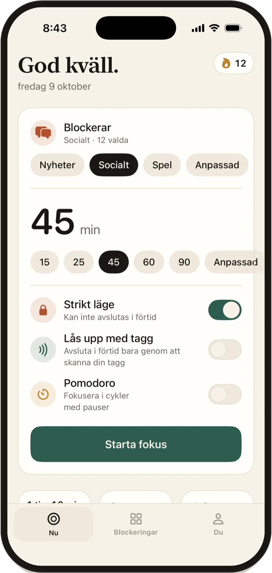 Startskärmen i Stillock med reglage för strikt läge, Lås upp med tagg och Pomodoro.