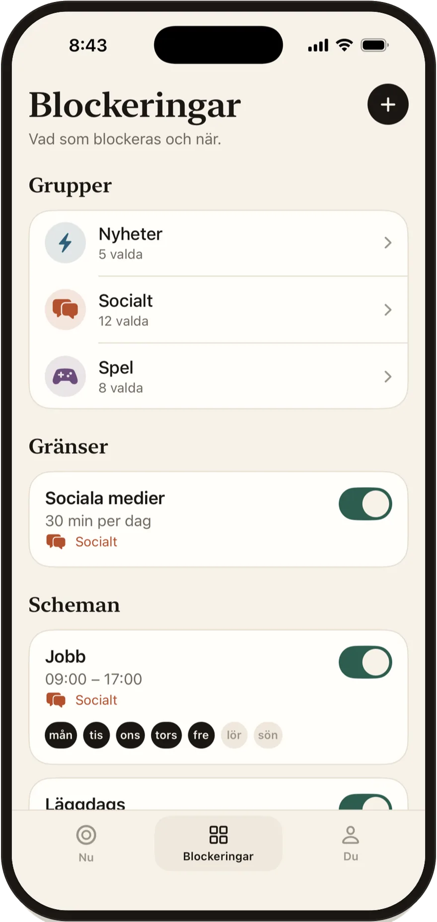 Skärmen Blockeringar i Stillock med en lista över grupper, gränser och scheman.