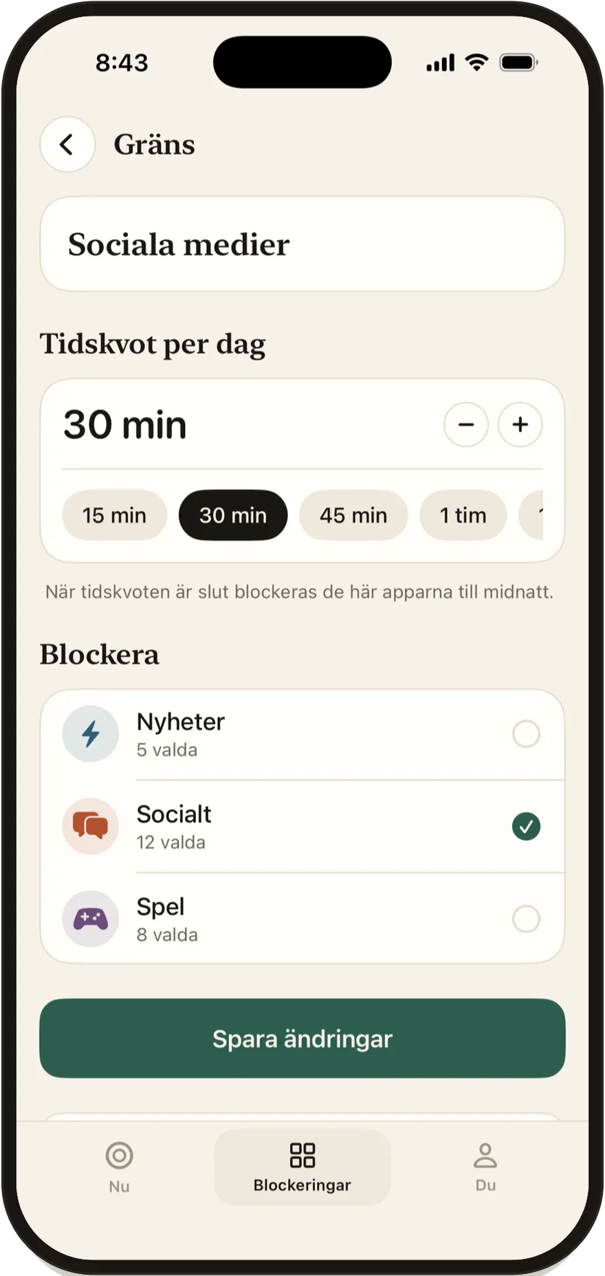 Redigeraren för daglig gräns i Stillock, inställd på 30 minuter.