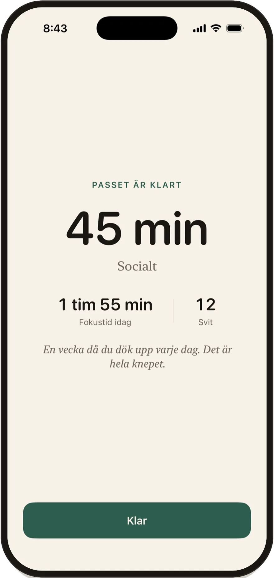 Skärmen för avslutat pass i Stillock som visar ett pass på 45 minuter.