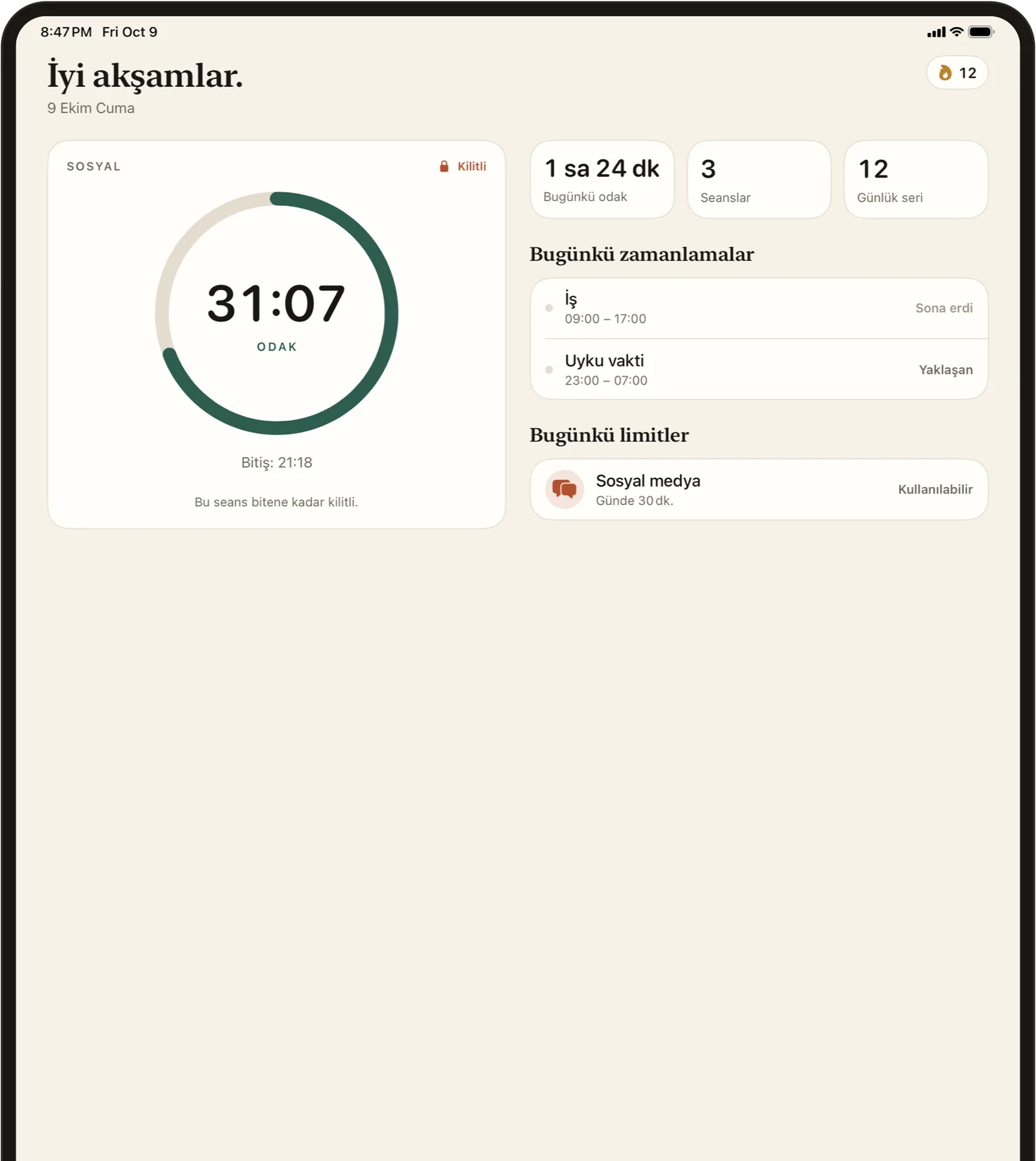 iPad'de Stillock: odak sayacı, bugünün zamanlamaları ve limitleri yan yana.