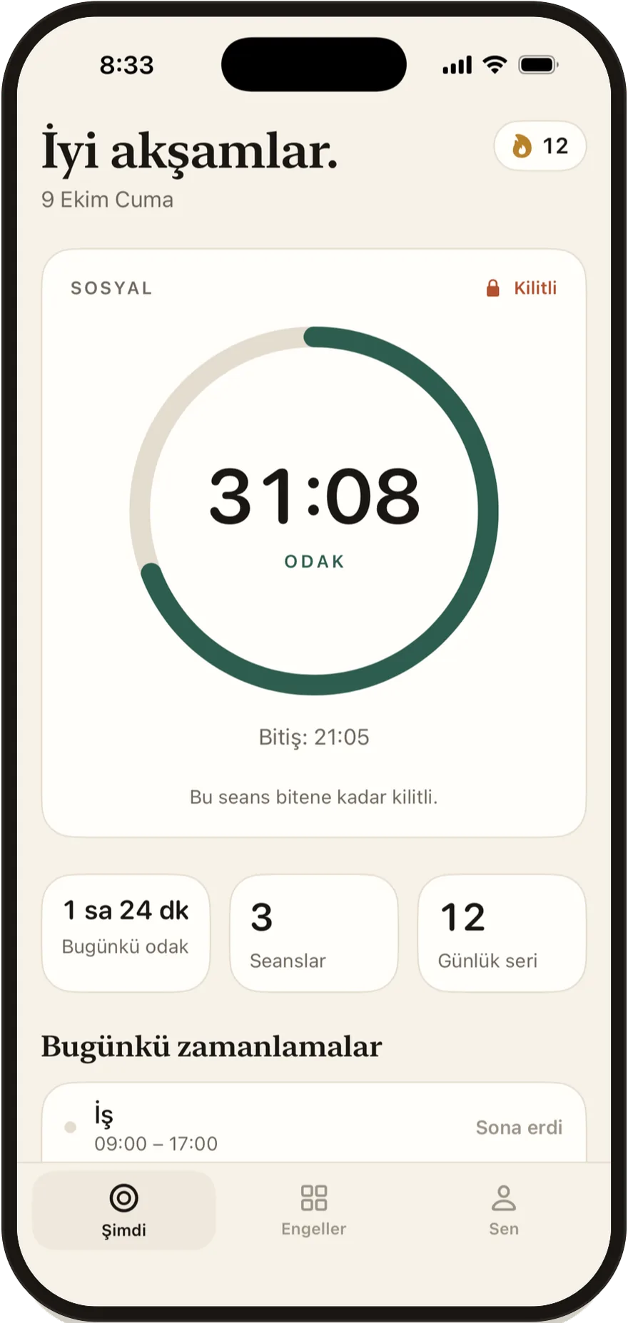 iPhone'da Stillock: 30 dakikası kalan bir odak seansı, sosyal uygulamalar kilitli.