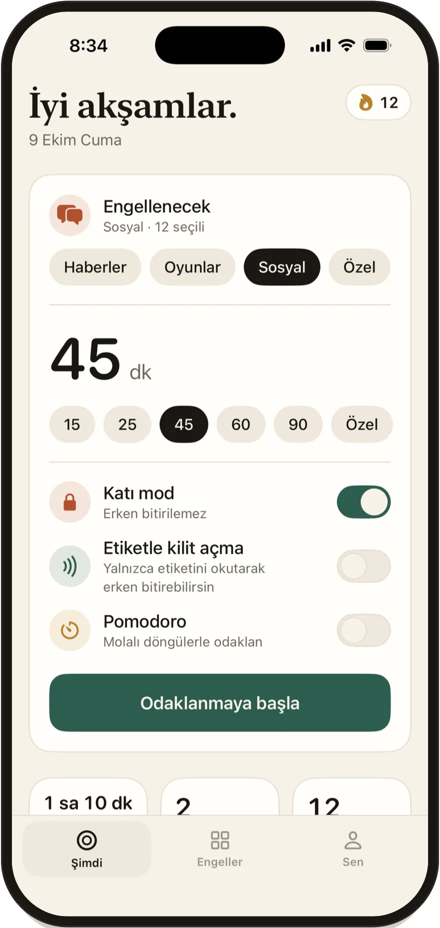 Katı mod, Etiketle kilit açma ve Pomodoro anahtarlarıyla Stillock başlangıç ekranı.