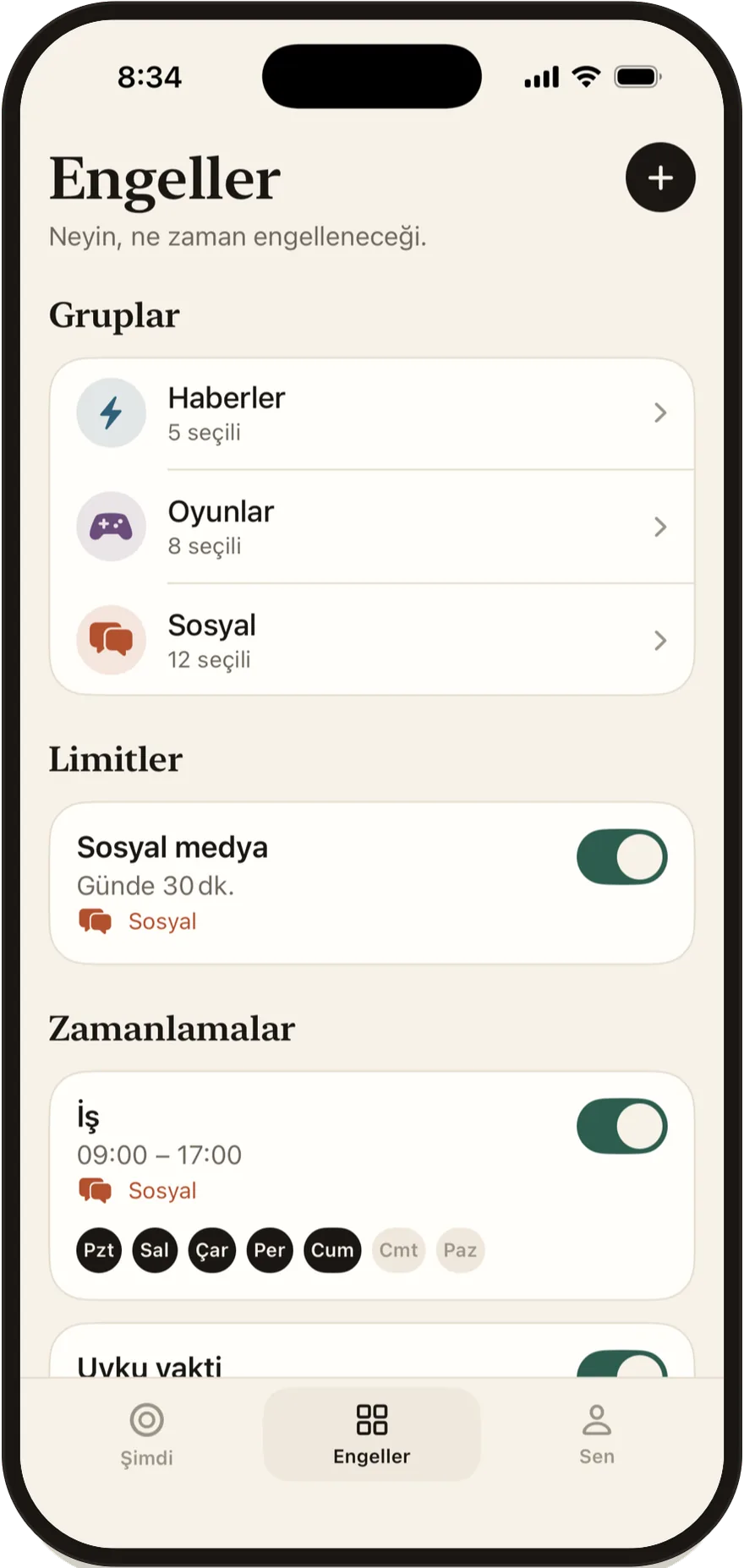Grupları, limitleri ve zamanlamaları listeleyen Stillock Engeller ekranı.