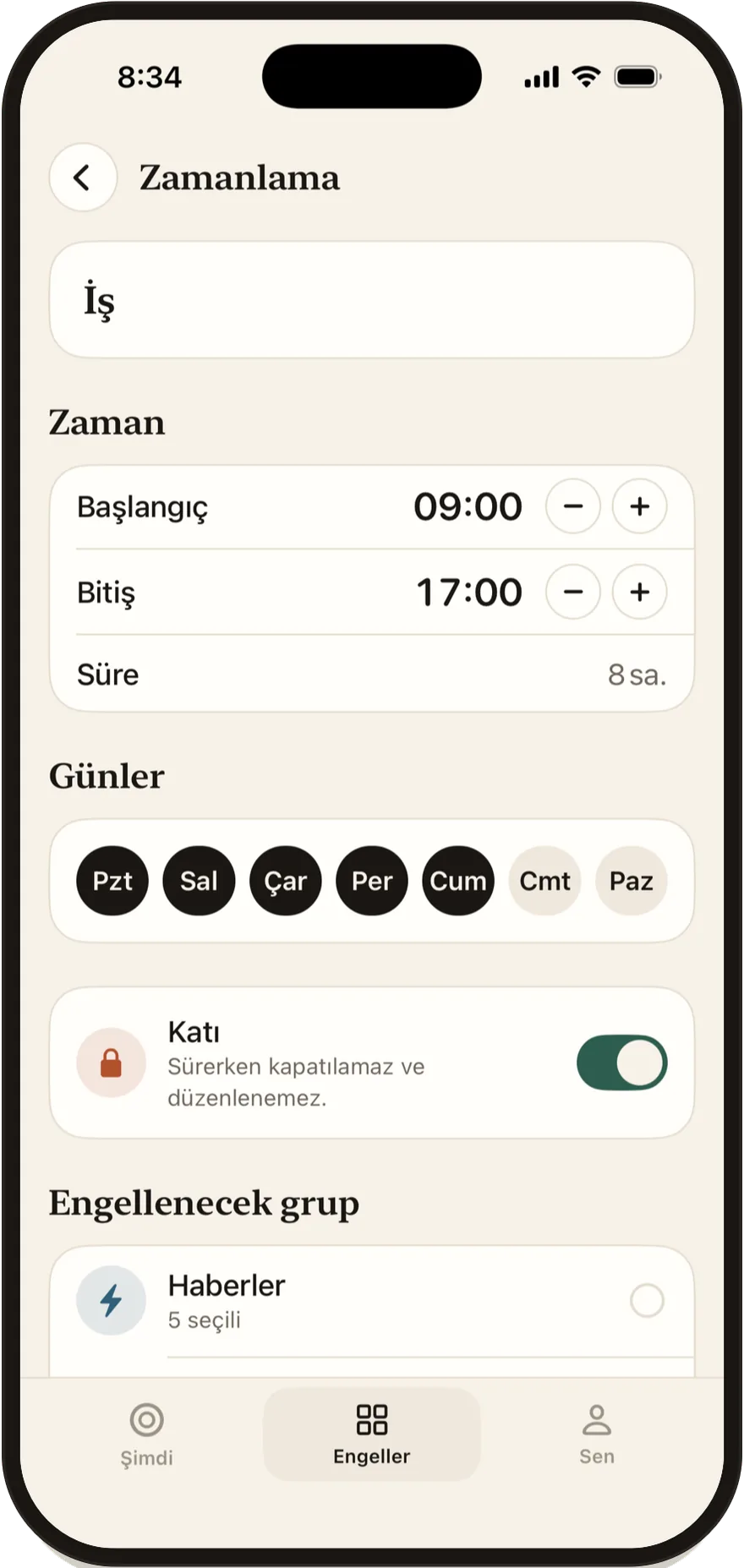 Başlangıç ve bitiş saatleri ile haftanın günlerini gösteren Stillock zamanlama düzenleyicisi.