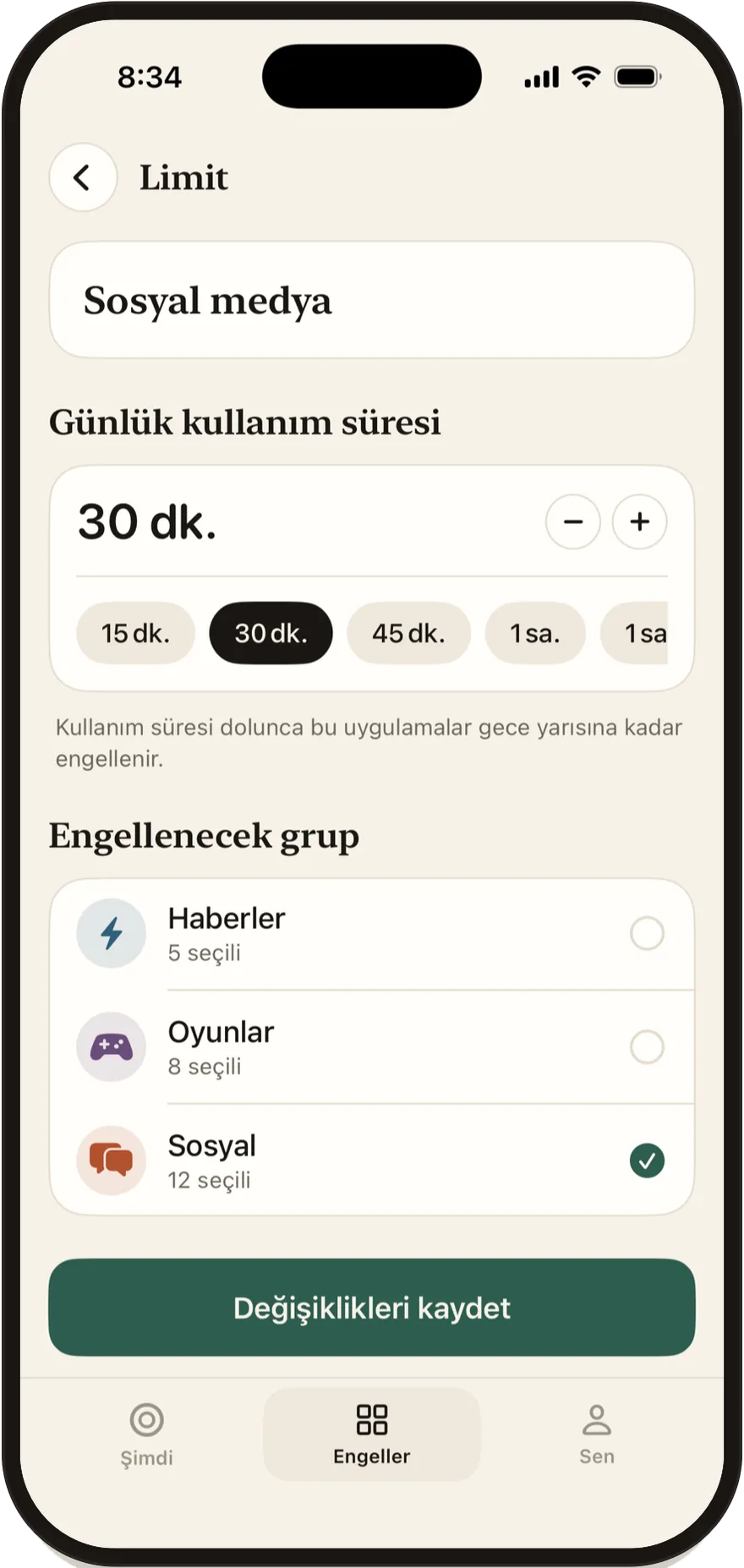 30 dakikaya ayarlanmış Stillock günlük limit düzenleyicisi.