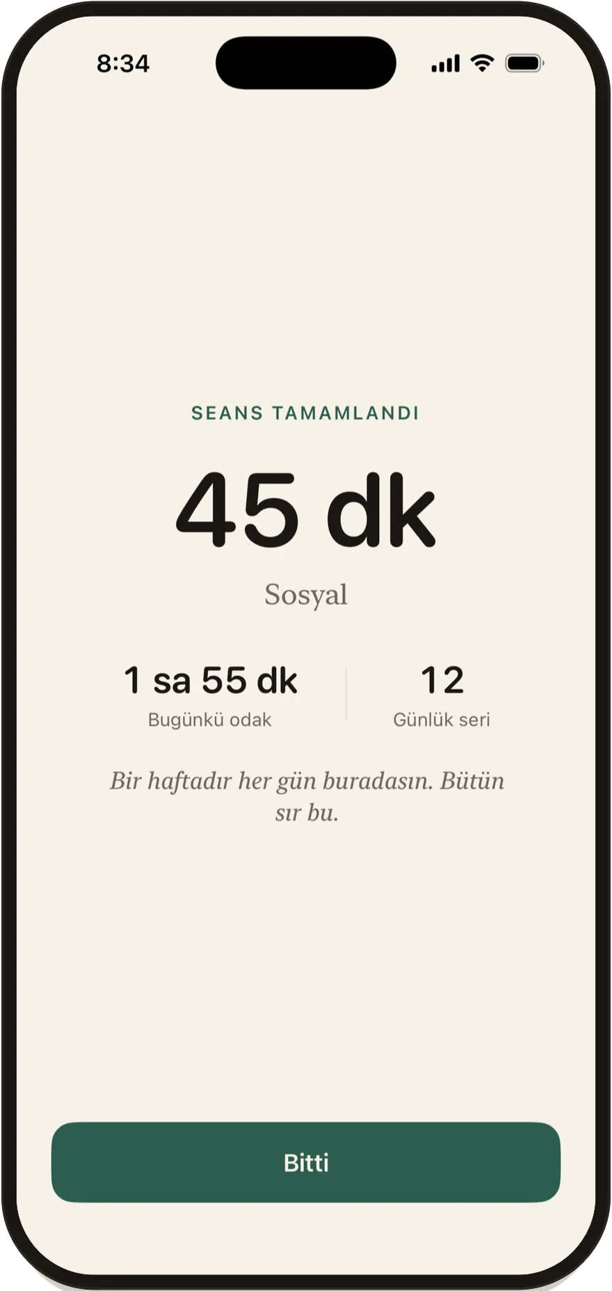 45 dakikalık bir seansı gösteren Stillock seans tamamlandı ekranı.